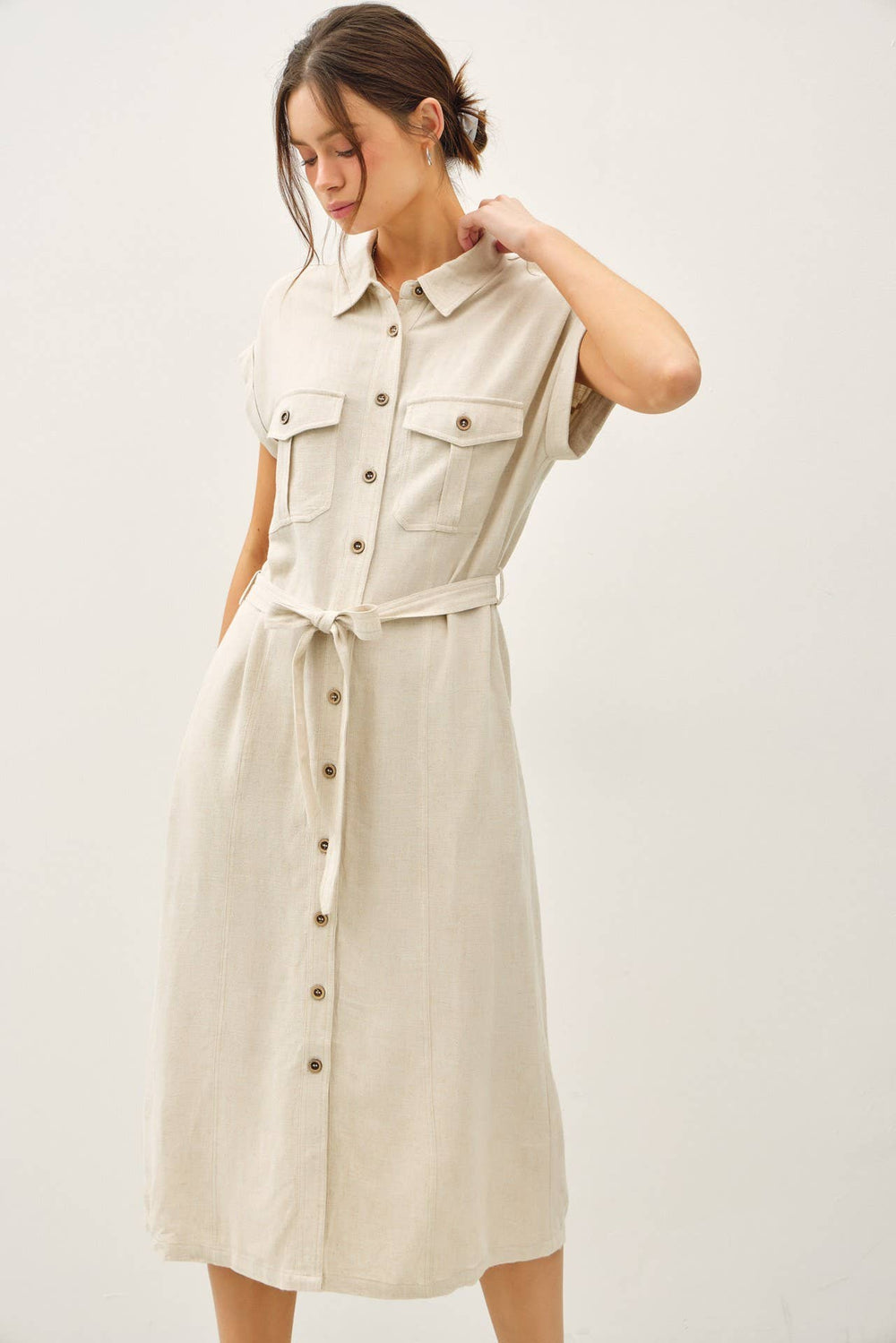 BUTTON UP MIDI DRESS W/ UTILITY STYLE POCKETS-Blue Hand Home