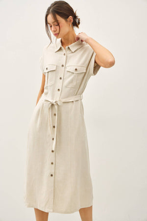 BUTTON UP MIDI DRESS W/ UTILITY STYLE POCKETS-Blue Hand Home