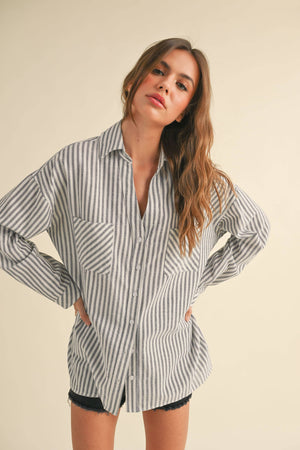 T5276 Striped Pattern Button Down Shirts-Blue Hand Home