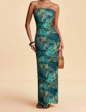 Tropical Floral Print Strapless Maxi Dress Tube Dress-Blue Hand Home