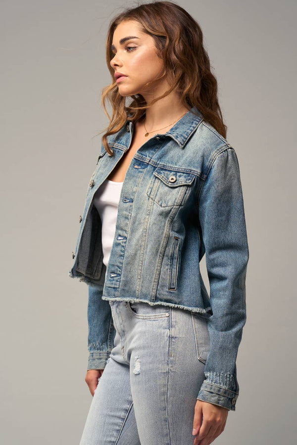 Flap Pockets Raw Hem Denim Jacket-Blue Hand Home