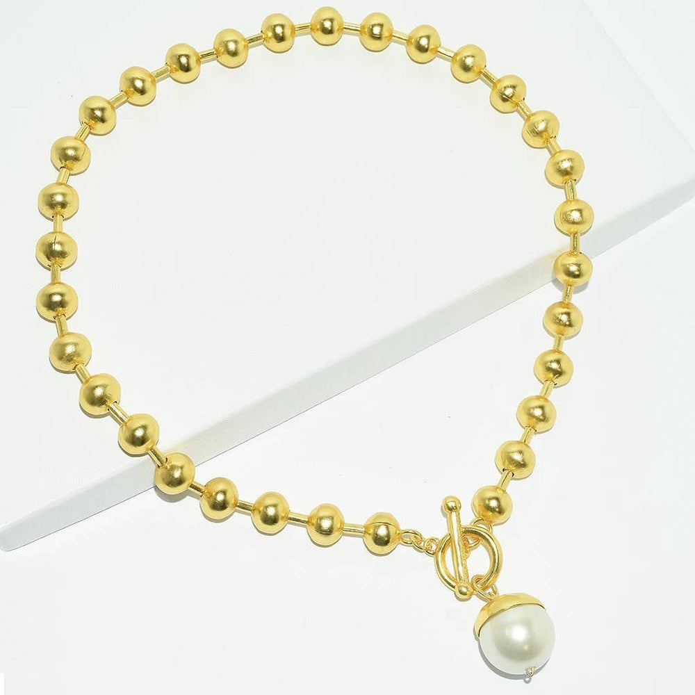 Ball Chain & Pearl Drop Necklace-Blue Hand Home
