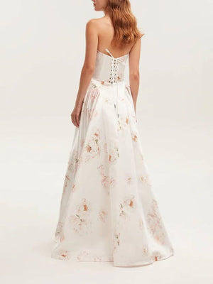 Elegant Strapless Floral Maxi Dress-Blue Hand Home