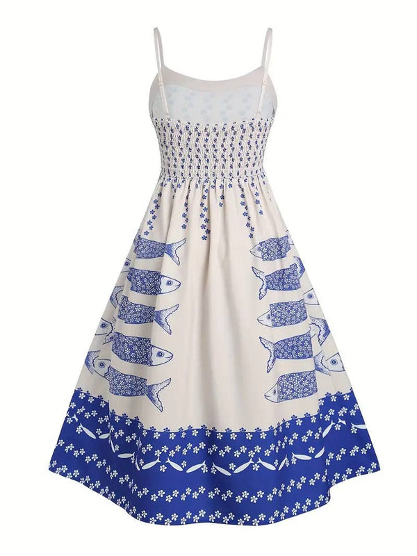 Vacation ocean fish print strap dress back elastic-Blue Hand Home