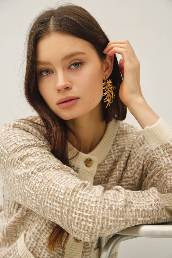 TWEED KNIT CREWNECK CARDIGAN-Blue Hand Home