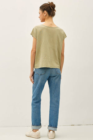 Garment Dye Oversize Cut Split-V Cotton Slub Tee-Blue Hand Home