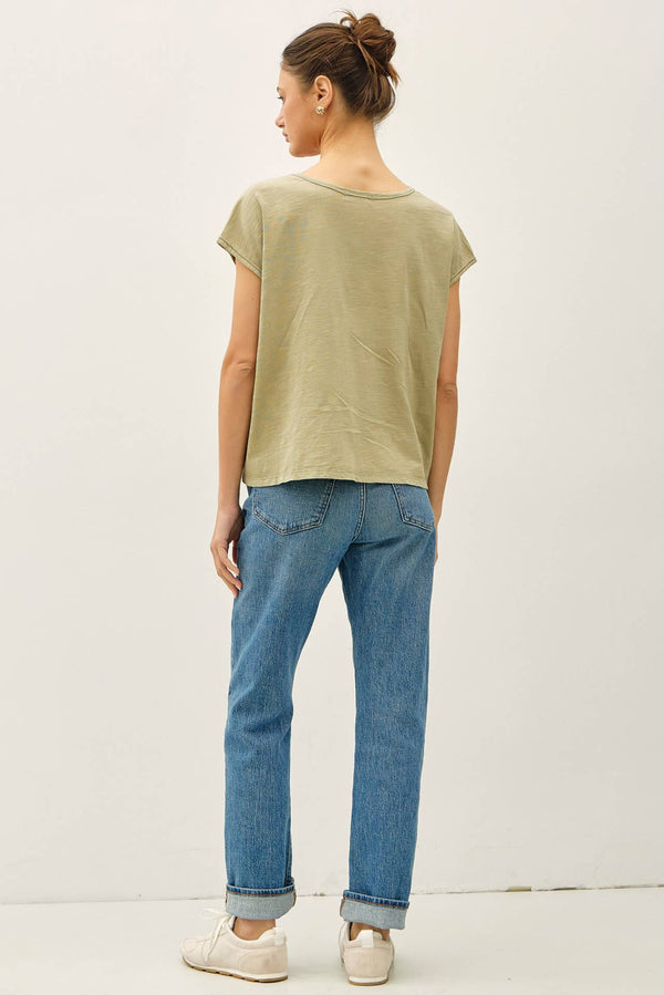 Garment Dye Oversize Cut Split-V Cotton Slub Tee-Blue Hand Home