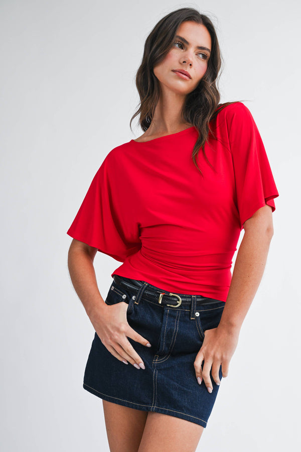 8654hk Draped Short Sleeve Back Tie Top Tee