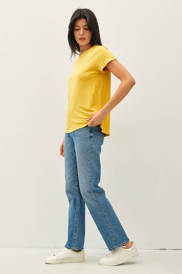 Classic Round Neck Split Hem T-Shirt-Blue Hand Home
