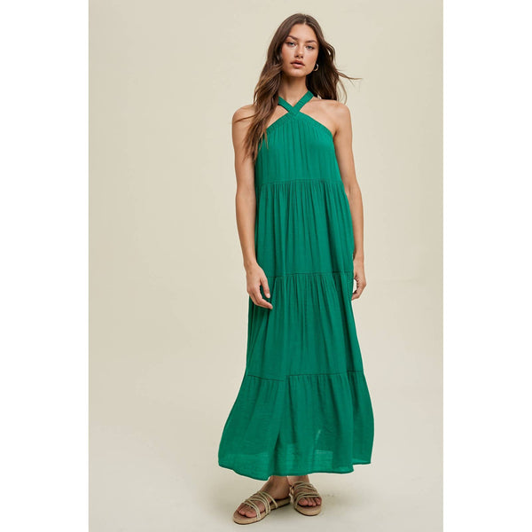 Halter Maxi Dress With Cross Back Detail / Wl23-8302-Blue Hand Home