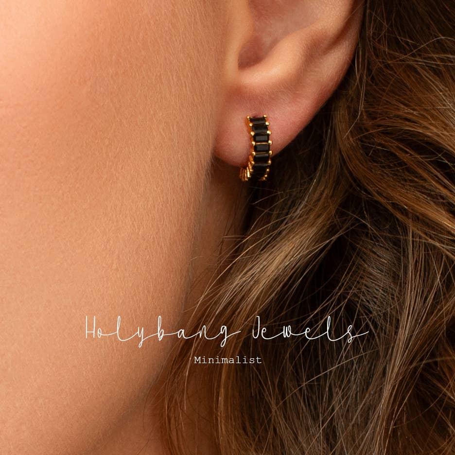 BLACK BAGUETTE HUGGIE EARRINGS - E-HT1190BLACK / E-HT1189BLA-Blue Hand Home