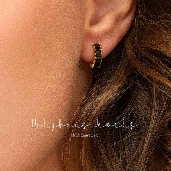 BLACK BAGUETTE HUGGIE EARRINGS - E-HT1190BLACK / E-HT1189BLA-Blue Hand Home