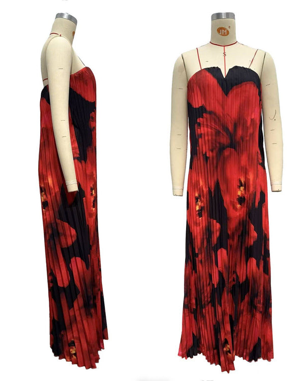 Bergamot Floral Pleated Sweetheart Neck Maxi Dress-Blue Hand Home