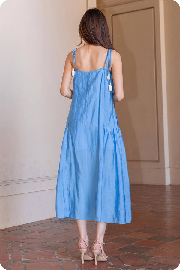 Floral Embroidered Sleeveless Tassel Tie Strap Midi Dress