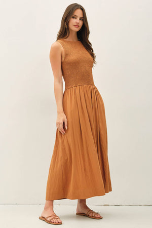 Smocked Bodice Boatneck Tank Midi Dress-Blue Hand Home
