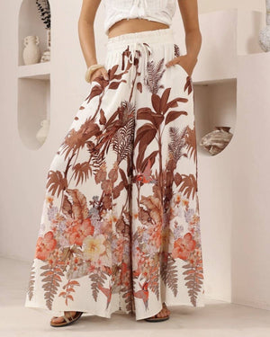 Casual Tropical Floral Print Wide-Leg Pants-Blue Hand Home