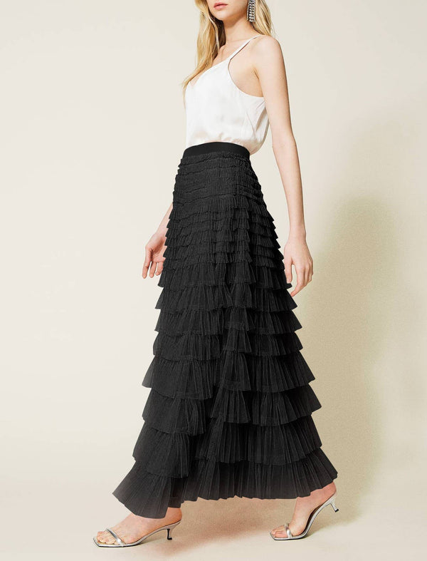 Elastic waist ruffle tulle maxi skirt-Blue Hand Home