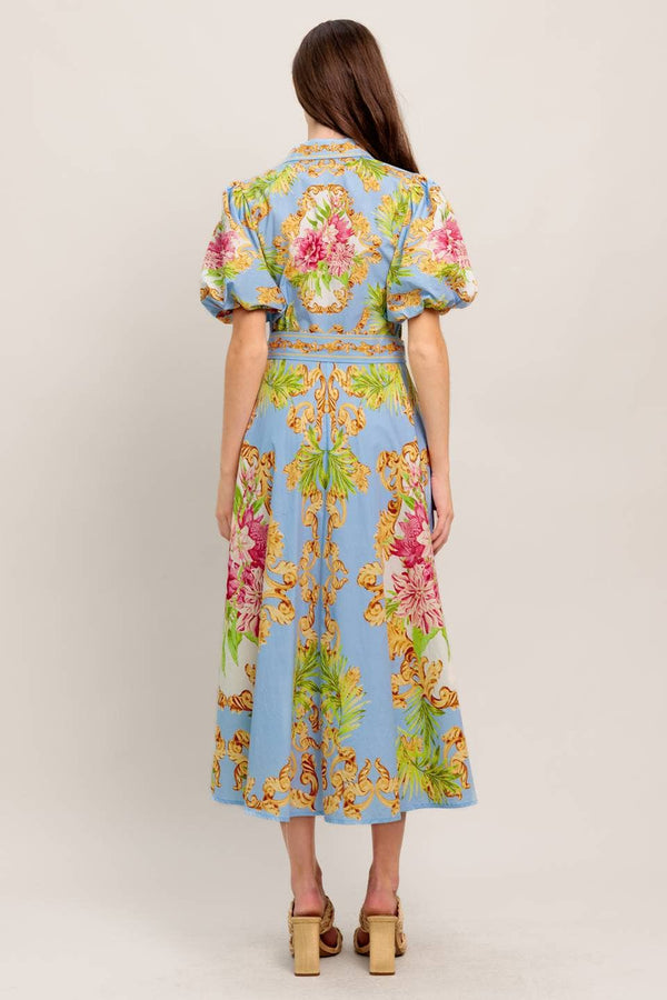 A Printed Woven Midi Dress - Id23438-Blue Hand Home