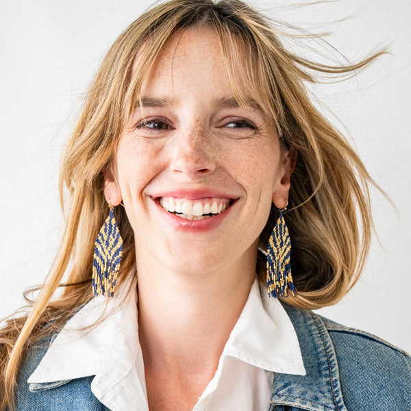 Delilah Zebra Print Beaded Fringe Earrings Navy + Gold Wholesale-Blue Hand Home