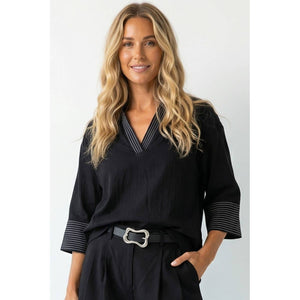 Contrast Stitch Detail Popover Blouse-Blue Hand Home