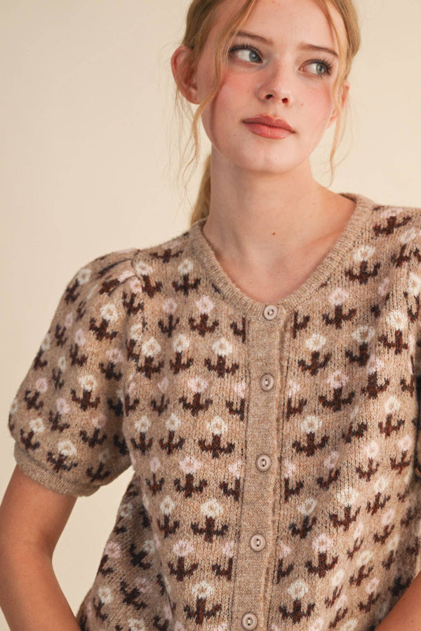 FLORAL SHORT SLEEVE SWEATER CARDIGAN MSW11259-Blue Hand Home