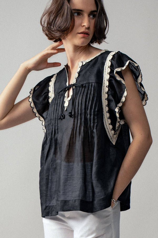 Vintage Lace Flutter Sleeve Woven Top-Blue Hand Home