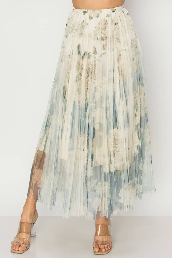Chic Lined Pleated Tulle Midi Skirt With Elastic Waist - 4034 BG/DD NAVY FL-Blue Hand Home