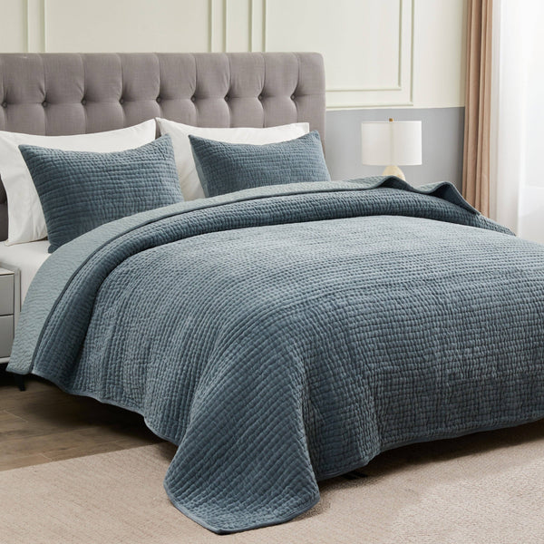 Tamara Velvet Quilt Set-Blue Hand Home