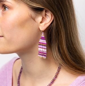 Lexie Horizontal Stripes Beaded Fringe Earrings Purple-Blue Hand Home