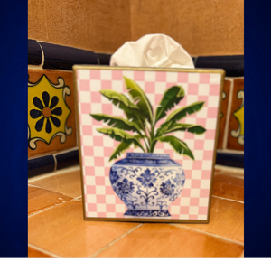 Paper Mache Kleenex Box with chinoiserie vase and dragonfly-Blue Hand Home