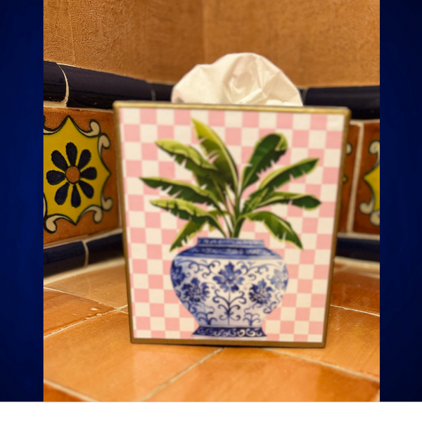 Paper Mache Kleenex Box with chinoiserie vase and dragonfly-Blue Hand Home