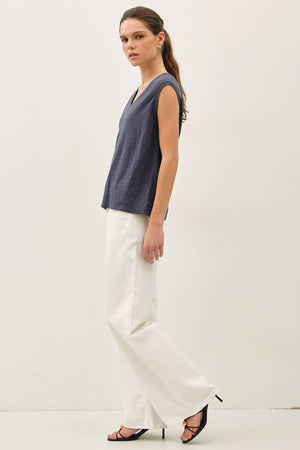 GARMENT DYE COTTON SLUB V-NECK BOXY TANK TEE-Blue Hand Home