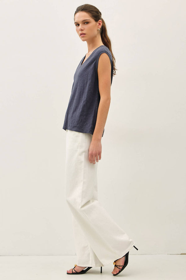 GARMENT DYE COTTON SLUB V-NECK BOXY TANK TEE-Blue Hand Home