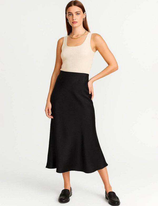 Ladies Solid Color Satin Midi Skirt 5515-Blue Hand Home