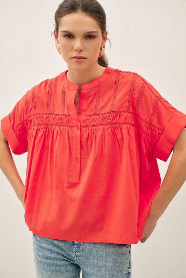 EYELET LACED OVERSIZE DOLMAN SLEEVE TOP-Blue Hand Home