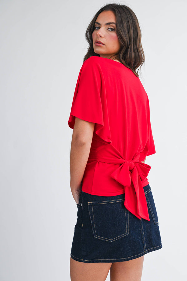 8654hk Draped Short Sleeve Back Tie Top Tee