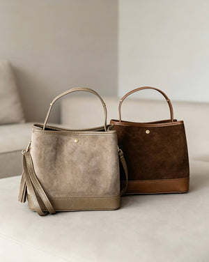 Large Suede Bucket Bag With Genuine Leather Details