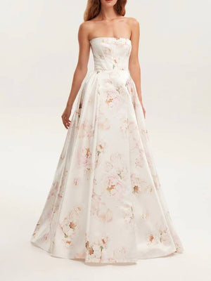 Elegant Strapless Floral Maxi Dress-Blue Hand Home