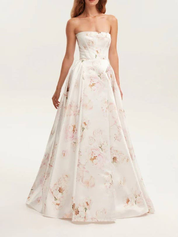 Elegant Strapless Floral Maxi Dress-Blue Hand Home