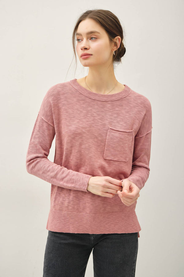 SLUB YARN ROUND NECK SWEATER WITH CHEST POCKETS-Blue Hand Home