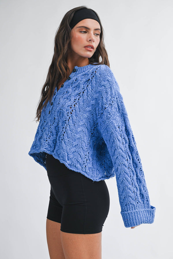 3463hk Textured Cropped Henley Knit Sweater