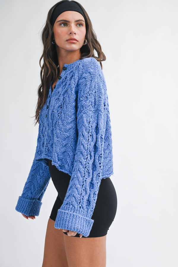 3463hk Textured Cropped Henley Knit Sweater