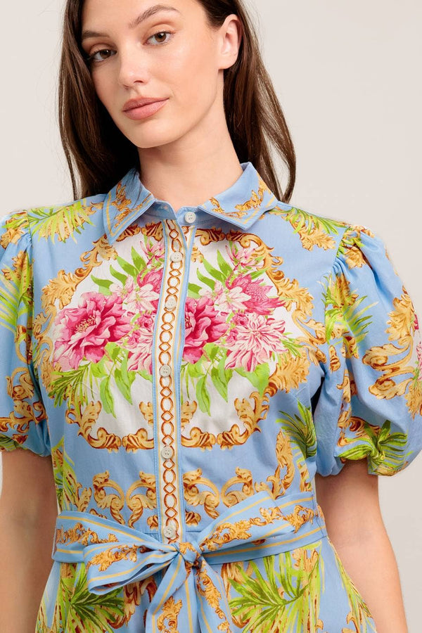 A Printed Woven Midi Dress - Id23438-Blue Hand Home