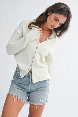 5221HK Button Front Cropped Knit Cardigan-Blue Hand Home