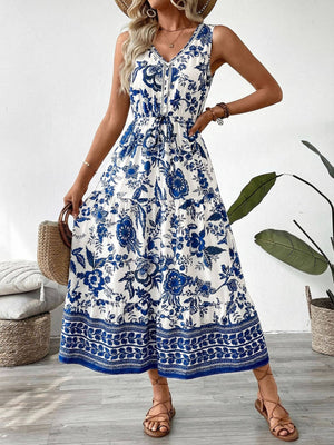 Vintage Holiday Floral Print Vest Dress-Blue Hand Home