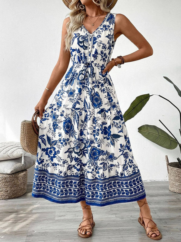 Vintage Holiday Floral Print Vest Dress-Blue Hand Home