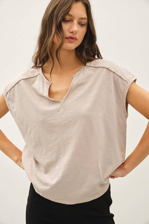 Garment Dye Oversize Cut Split-V Cotton Slub Tee-Blue Hand Home