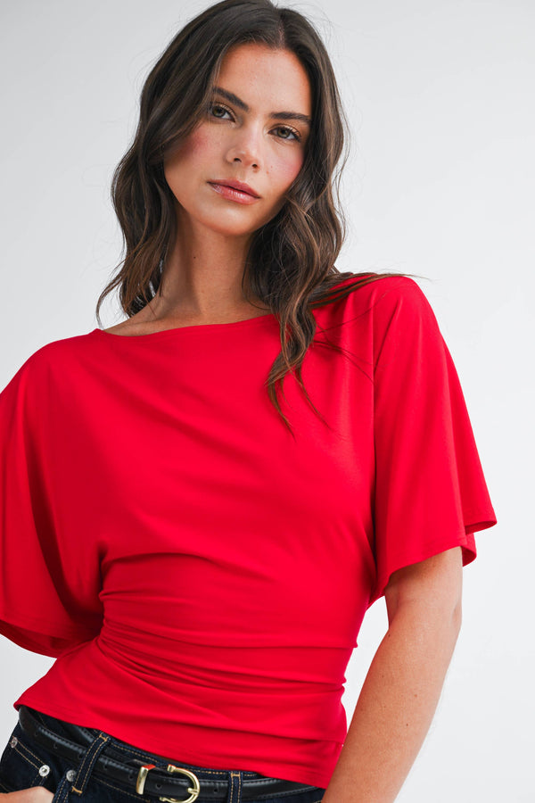 8654hk Draped Short Sleeve Back Tie Top Tee