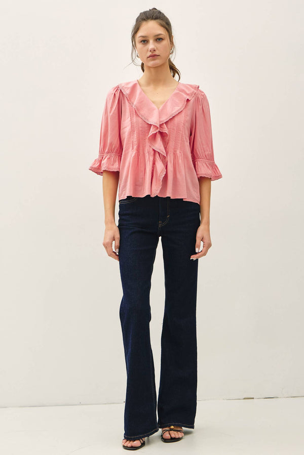 Vintage Ruffled Pintuck Blouse Top-Blue Hand Home