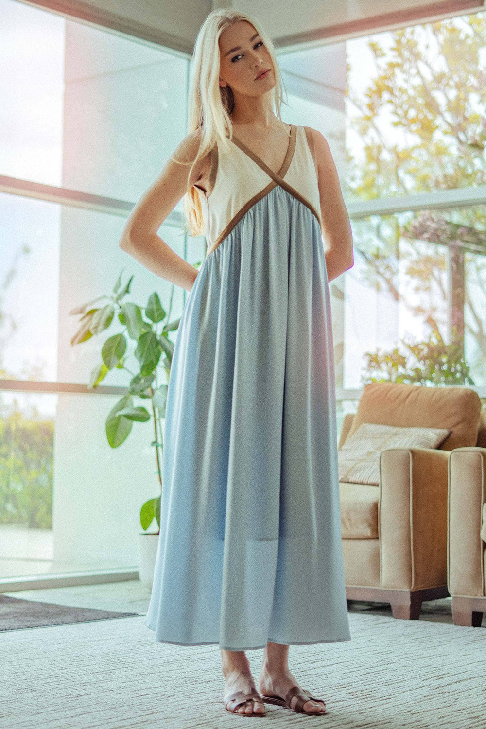 Contrast Piping Empire Waist Dress-Blue Hand Home